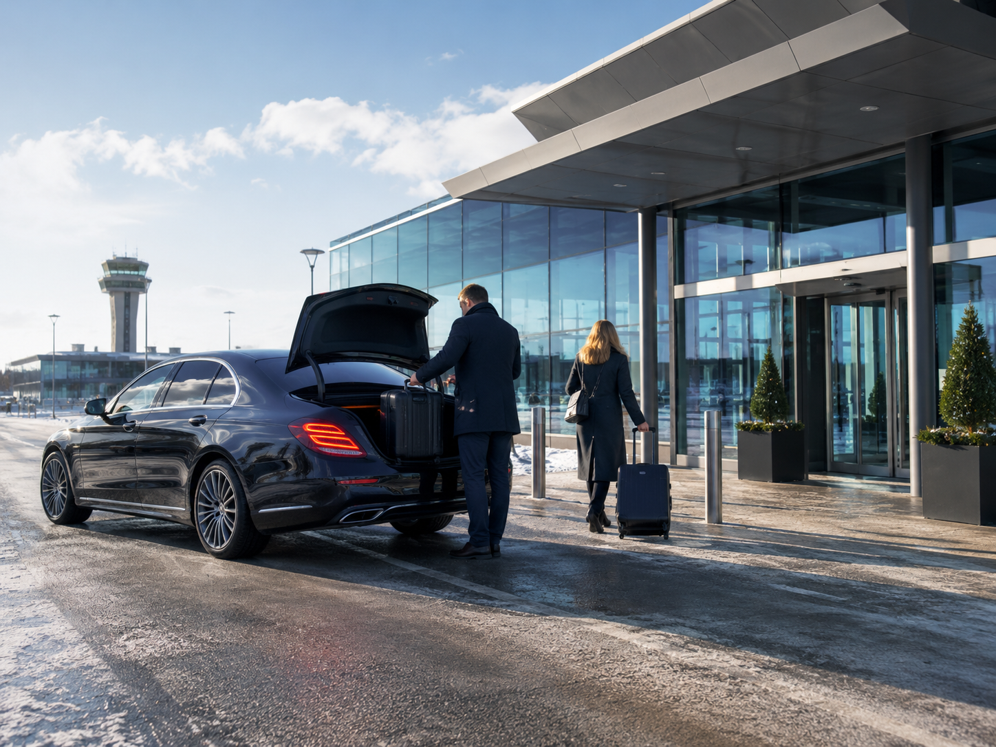 Transfer med taxi vid flygplats med resenärer och bagage